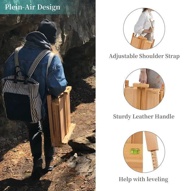 Alt view image 2 of 6 - French Easel for Painting with Palette, Shoulder Strap & Storage, Adjustable Beech Wood Travel Art Easel Stand, Portable Sketchebox Plein-Air Easel for Adults, Artists, Table Top & Floor Use