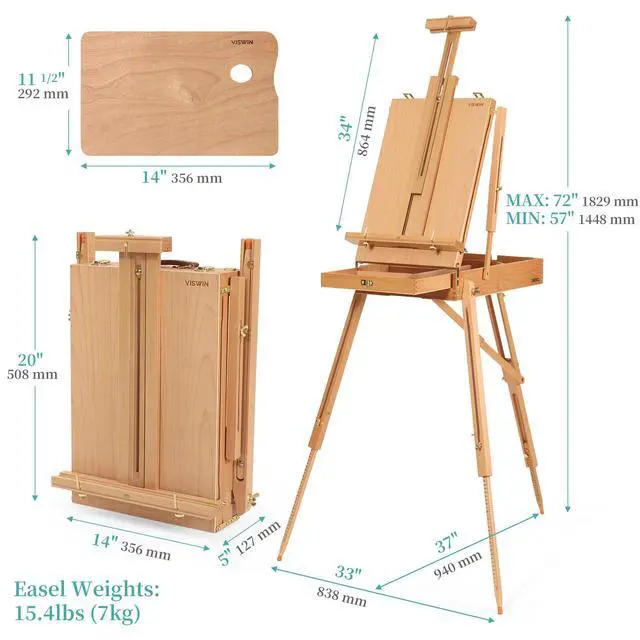 Alt view image 3 of 6 - French Easel for Painting with Palette, Shoulder Strap & Storage, Adjustable Beech Wood Travel Art Easel Stand, Portable Sketchebox Plein-Air Easel for Adults, Artists, Table Top & Floor Use