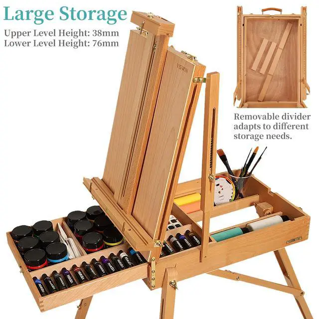Alt view image 4 of 6 - French Easel for Painting with Palette, Shoulder Strap & Storage, Adjustable Beech Wood Travel Art Easel Stand, Portable Sketchebox Plein-Air Easel for Adults, Artists, Table Top & Floor Use