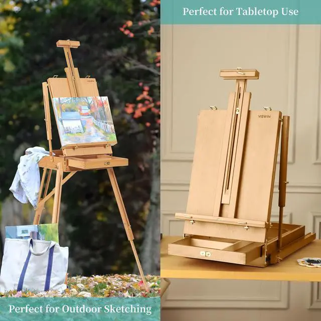 Alt view image 5 of 6 - French Easel for Painting with Palette, Shoulder Strap & Storage, Adjustable Beech Wood Travel Art Easel Stand, Portable Sketchebox Plein-Air Easel for Adults, Artists, Table Top & Floor Use