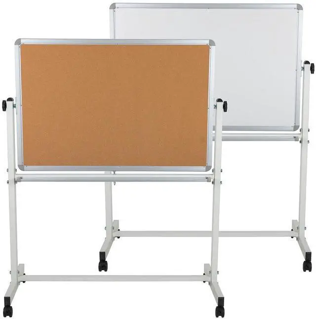 Main image of HERCULES Series 45.25"W x 54.75"H Reversible Mobile Cork Bulletin Board and White Board with Pen Tray