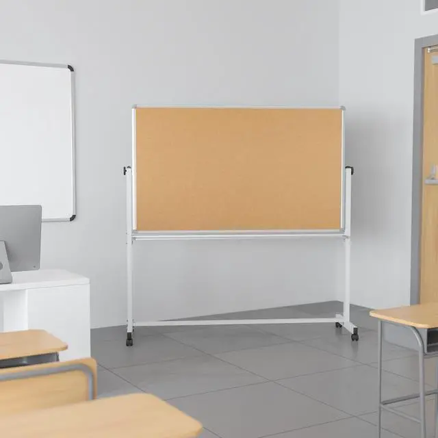 Alt view image 2 of 6 - HERCULES Series 45.25"W x 54.75"H Reversible Mobile Cork Bulletin Board and White Board with Pen Tray