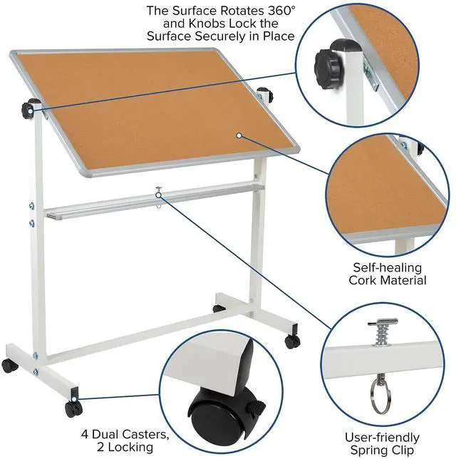 Alt view image 3 of 6 - HERCULES Series 45.25"W x 54.75"H Reversible Mobile Cork Bulletin Board and White Board with Pen Tray