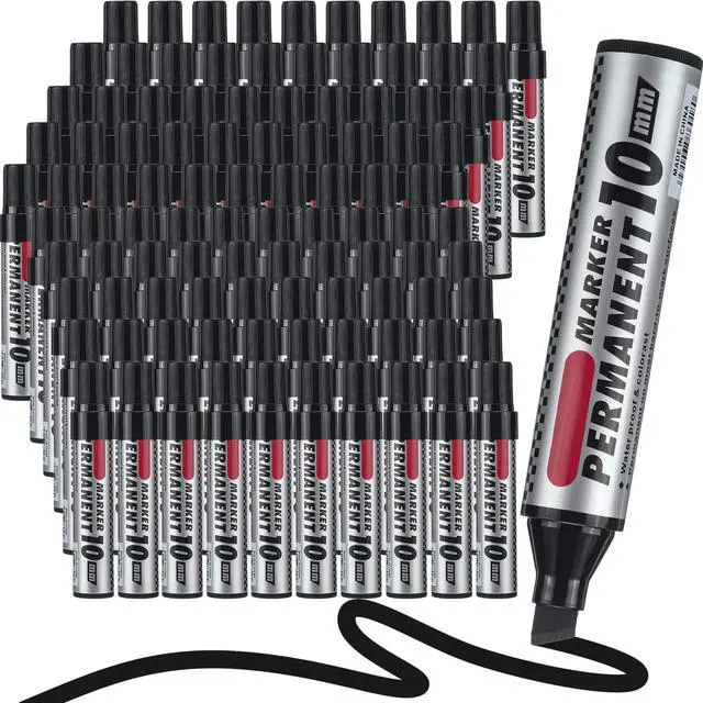 Main image of 100 Pack Jumbo Size Markers Bulk, Black 10mm Chisel Tip Large Marker Pens, Waterproof Quick Dry Markers for Industrial Art, Work on Metal Wood Plastic Glass