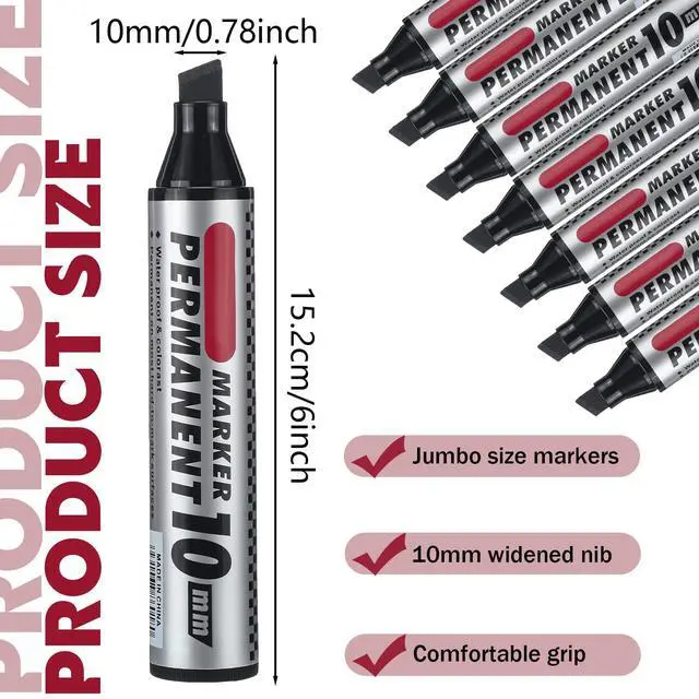 Alt view image 2 of 6 - 100 Pack Jumbo Size Markers Bulk, Black 10mm Chisel Tip Large Marker Pens, Waterproof Quick Dry Markers for Industrial Art, Work on Metal Wood Plastic Glass