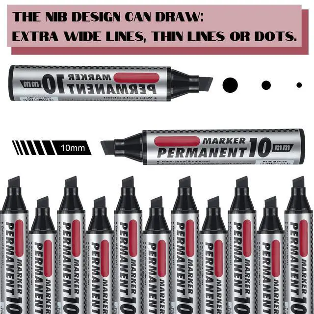Alt view image 3 of 6 - 100 Pack Jumbo Size Markers Bulk, Black 10mm Chisel Tip Large Marker Pens, Waterproof Quick Dry Markers for Industrial Art, Work on Metal Wood Plastic Glass