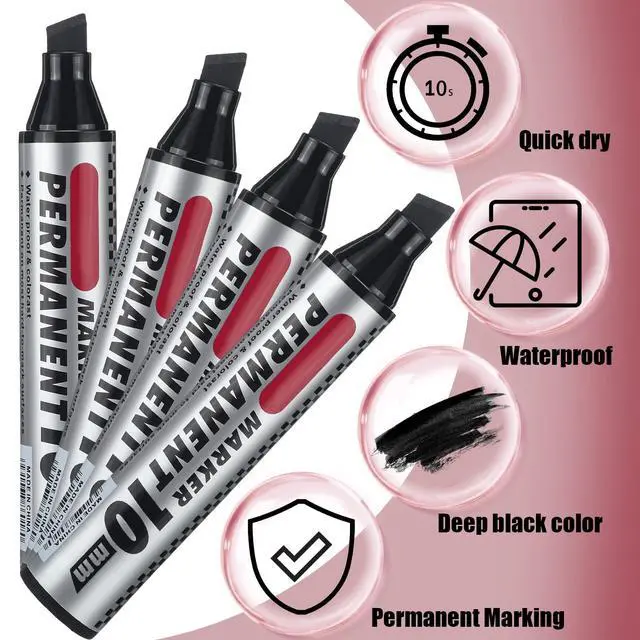 Alt view image 4 of 6 - 100 Pack Jumbo Size Markers Bulk, Black 10mm Chisel Tip Large Marker Pens, Waterproof Quick Dry Markers for Industrial Art, Work on Metal Wood Plastic Glass