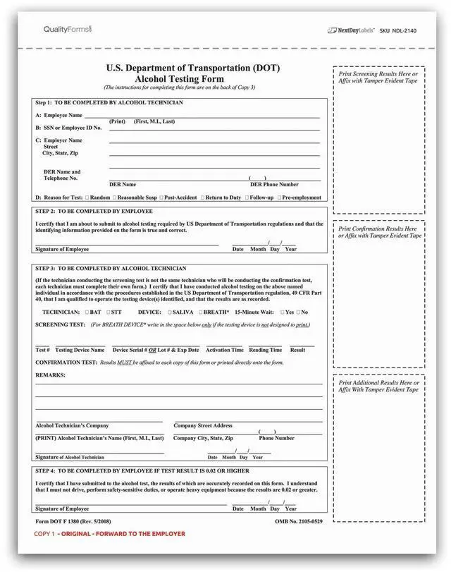 Main image of Pack of 100 Sets 8-1/2" x 11" 3 Part Department of Transportation (DOT) Alcohol Testing Form