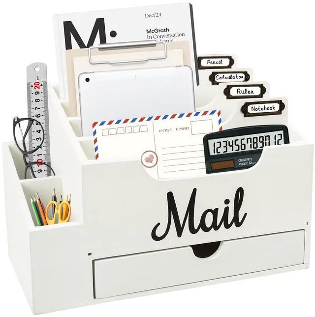 Main image of Wood Mail Organizer Countertop, with 6 Compartments and Drawer | Desktop Mail Organizer, Wood Mail Holder Office Accessories for File Letter Paper Folder,Dual Desk & Wall Mount Design, White