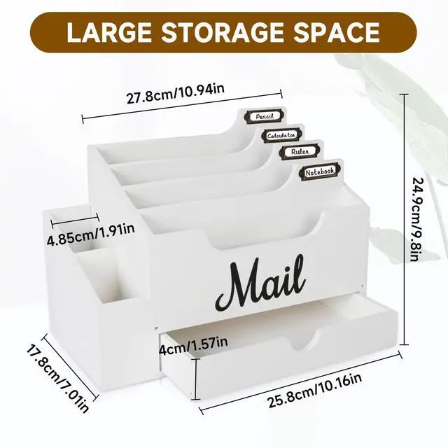 Alt view image 2 of 6 - Wood Mail Organizer Countertop, with 6 Compartments and Drawer | Desktop Mail Organizer, Wood Mail Holder Office Accessories for File Letter Paper Folder,Dual Desk & Wall Mount Design, White