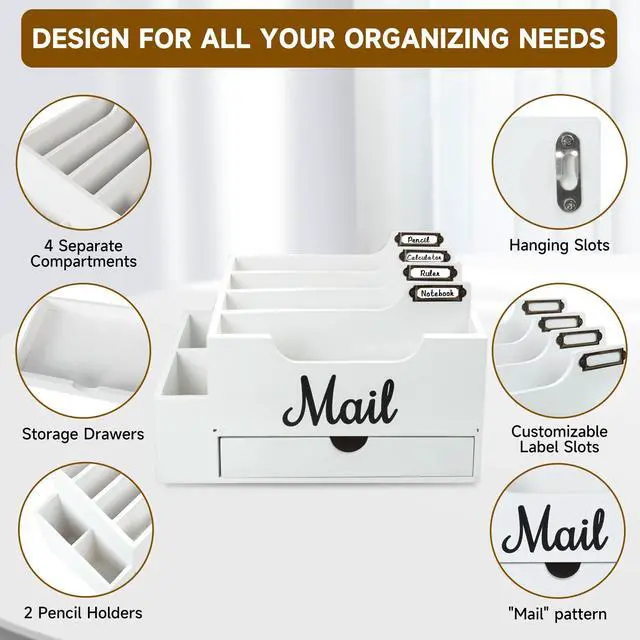 Alt view image 4 of 6 - Wood Mail Organizer Countertop, with 6 Compartments and Drawer | Desktop Mail Organizer, Wood Mail Holder Office Accessories for File Letter Paper Folder,Dual Desk & Wall Mount Design, White