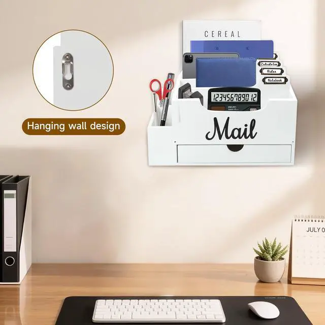 Alt view image 5 of 6 - Wood Mail Organizer Countertop, with 6 Compartments and Drawer | Desktop Mail Organizer, Wood Mail Holder Office Accessories for File Letter Paper Folder,Dual Desk & Wall Mount Design, White