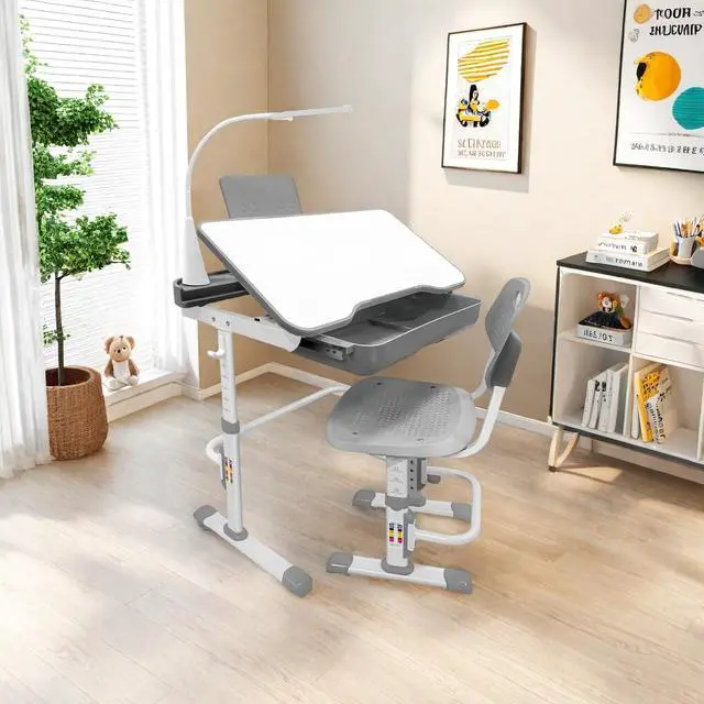 Main image of Kids Desk and Chair Set,Height Adjustable,Spacious Storage Drawer | with Adjustable Tilted Desktop, Bookstand, Touch Led Lamp for School Student (gray set)