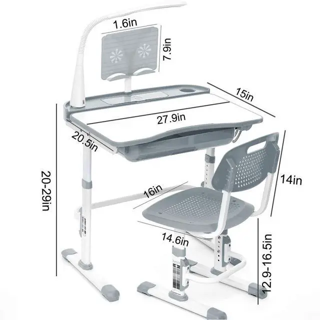 Alt view image 2 of 6 - Kids Desk and Chair Set,Height Adjustable,Spacious Storage Drawer | with Adjustable Tilted Desktop, Bookstand, Touch Led Lamp for School Student (gray set)