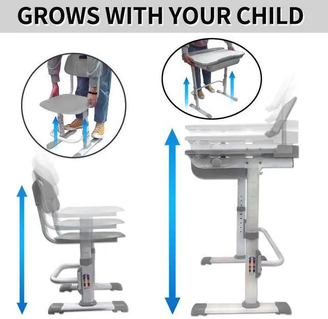 Alt view image 3 of 6 - Kids Desk and Chair Set,Height Adjustable,Spacious Storage Drawer | with Adjustable Tilted Desktop, Bookstand, Touch Led Lamp for School Student (gray set)