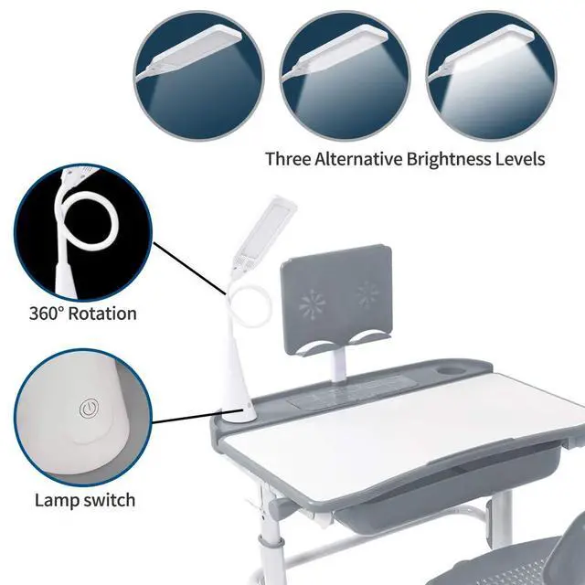 Alt view image 5 of 6 - Kids Desk and Chair Set,Height Adjustable,Spacious Storage Drawer | with Adjustable Tilted Desktop, Bookstand, Touch Led Lamp for School Student (gray set)