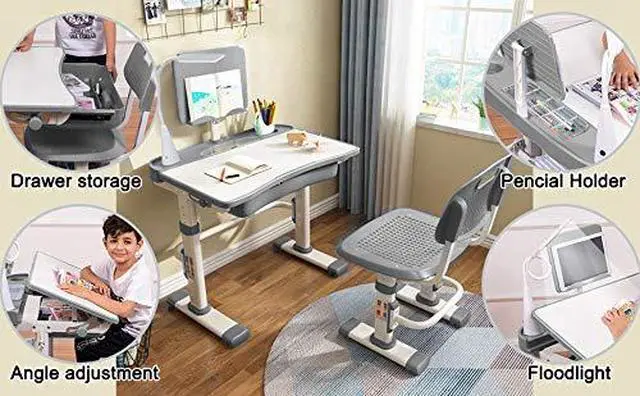Alt view image 6 of 6 - Kids Desk and Chair Set,Height Adjustable,Spacious Storage Drawer | with Adjustable Tilted Desktop, Bookstand, Touch Led Lamp for School Student (gray set)