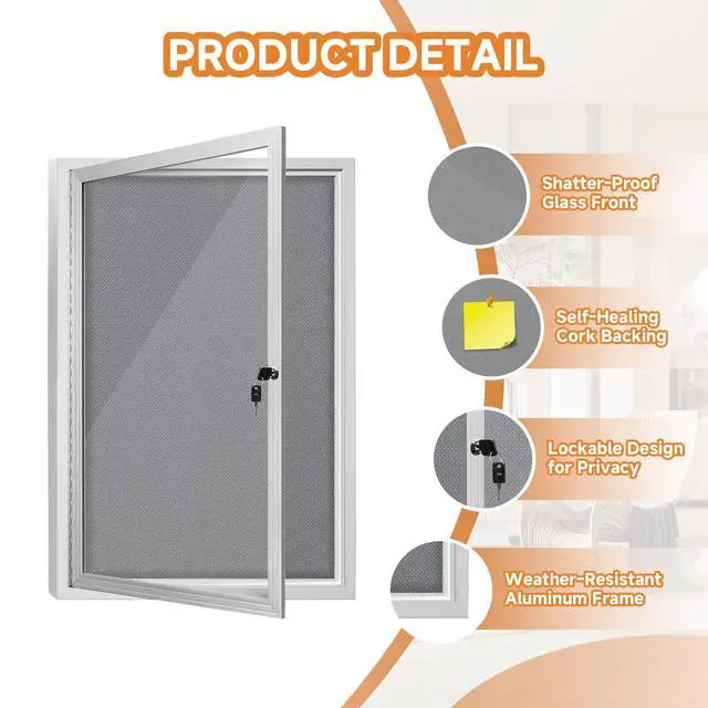 Alt view image 3 of 6 - Enclosed Bulletin Board with Locking Door, Outdoor Bulletin Board Weatherproof, Lockable Display Case for Home, Office, and Community Use(23.6L x 35.4" W Gray)
