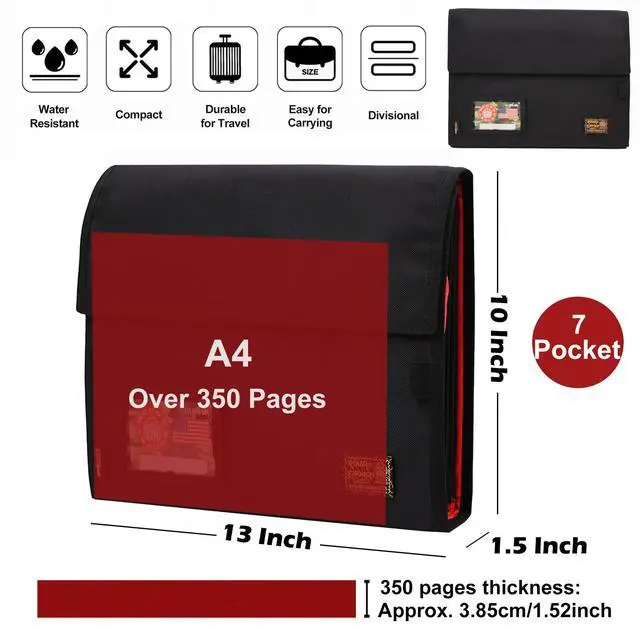 Alt view image 2 of 6 - Rough Enough Expanding File Folder, 7 Pocket Accordion Document Organizer | Water-Resistant, Bright Red Interior with Name Tags, Pen Loop & Card Holder, Fits A4/Letter, Portable for Work, Home & Trave