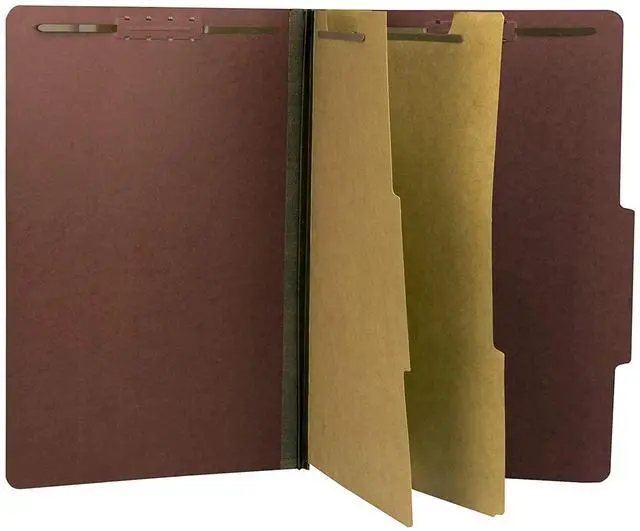 Main image of Two Divider Legal Size Pressboard Classification File Folder - Brick Red | Made in America | Box of 10 | Top Tab | 2 Expansion | Durable 2-Inch Fastener Prongs