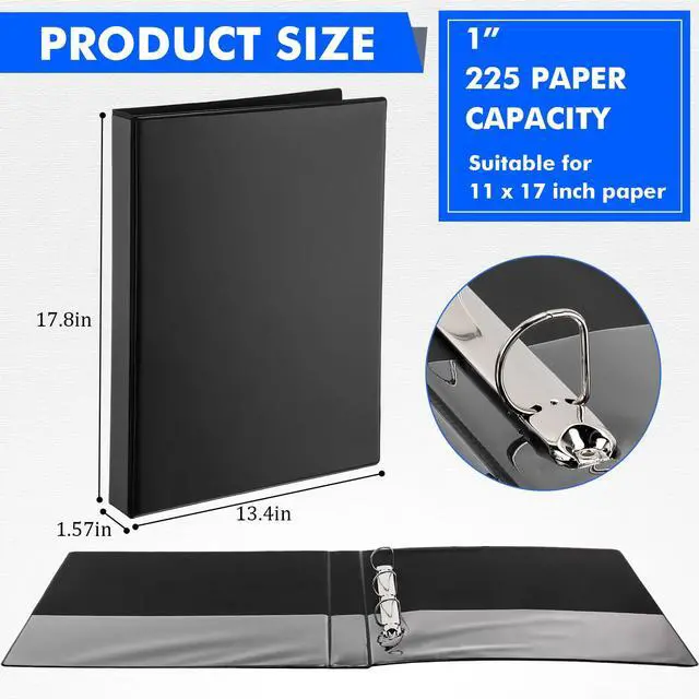 Alt view image 2 of 6 - 3 Pcs 11" x 17" 3 Ring Binder 1 Inch Large D Ring Binders with Pockets Presentation Folder View with Customizable Clear Cover for Documents Files Projects (Black)
