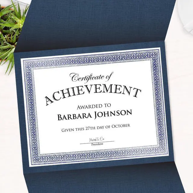Alt view image 2 of 6 - Certificate Holders - Tri-Fold Navy Linen, Silver Foil Seal - 9.25x12.5 in