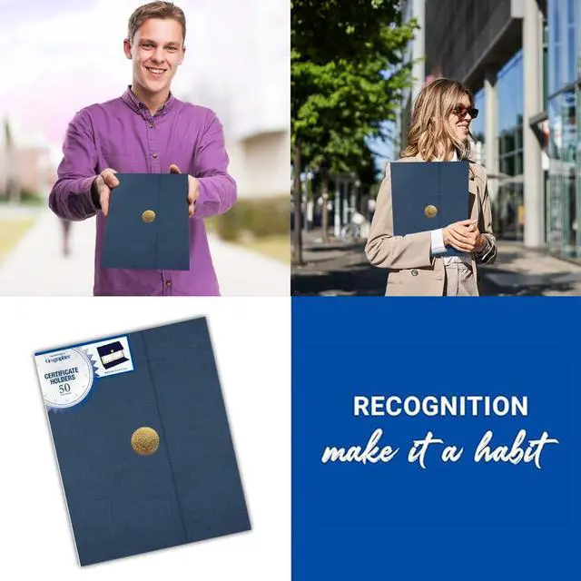 Alt view image 3 of 6 - Certificate Holders - Tri-Fold Navy Linen, Silver Foil Seal - 9.25x12.5 in