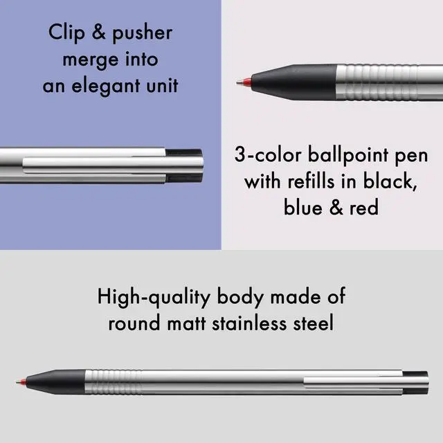 Alt view image 4 of 6 - logo 3-colours - multicoloured ballpoint pen (black, blue, red) with a sight dial mechanism in an elegant stainless steel case - incl ballpoint refills M 21 in black, blue & red
