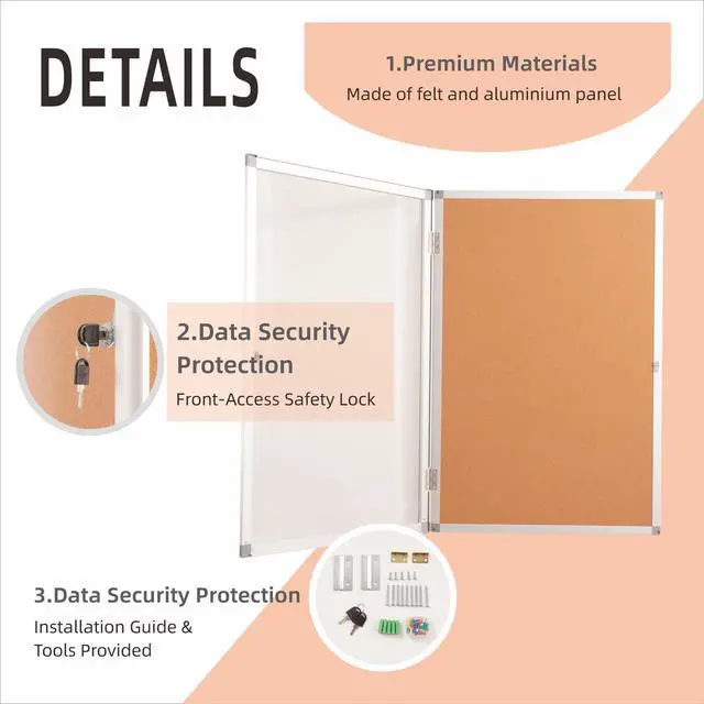 Alt view image 3 of 6 - 36x24 Inch Enclosed Bulletin Board,Outdoor Weatherproof Tamper-Proof Noticeboard with Locking Doors, Black Aluminum Frame Shatter Resistant Lockable Bulletin Board