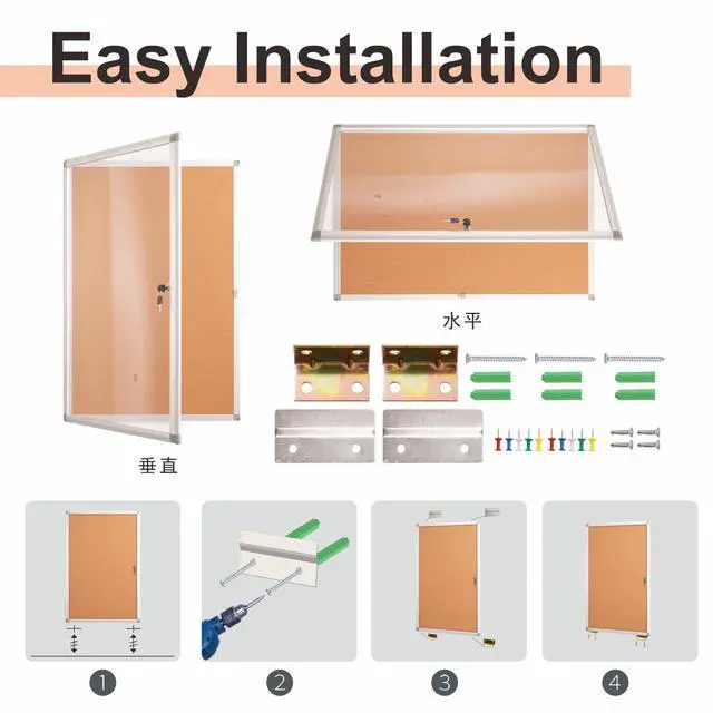 Alt view image 4 of 6 - 36x24 Inch Enclosed Bulletin Board,Outdoor Weatherproof Tamper-Proof Noticeboard with Locking Doors, Black Aluminum Frame Shatter Resistant Lockable Bulletin Board