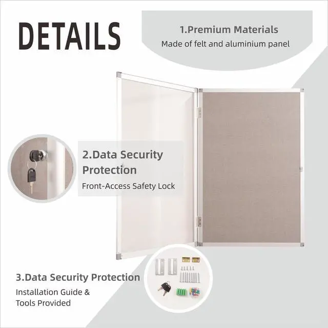 Alt view image 3 of 6 - 36x24 Inch Enclosed Bulletin Board,Outdoor Weatherproof Tamper-Proof Noticeboard with Locking Doors, Silver Aluminum Frame Shatter Resistant Lockable Bulletin Board