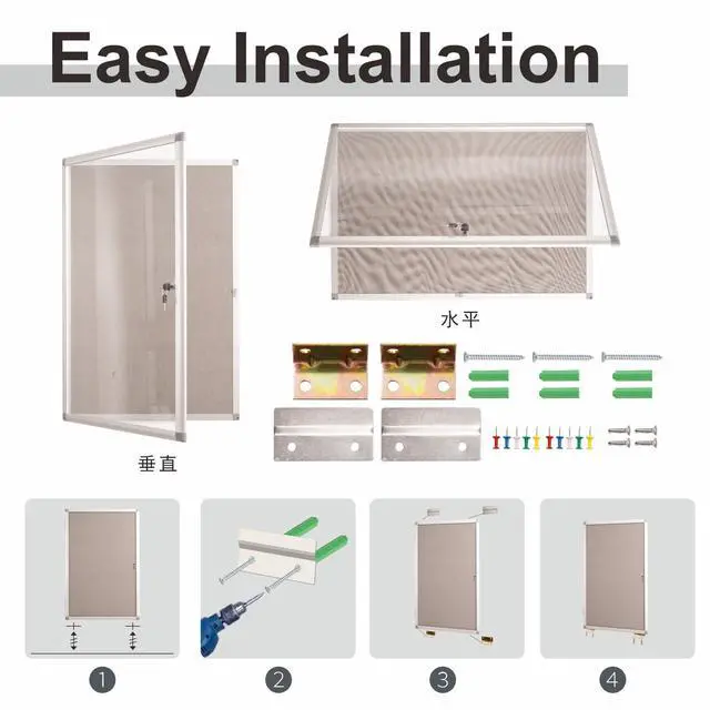 Alt view image 4 of 6 - 36x24 Inch Enclosed Bulletin Board,Outdoor Weatherproof Tamper-Proof Noticeboard with Locking Doors, Silver Aluminum Frame Shatter Resistant Lockable Bulletin Board