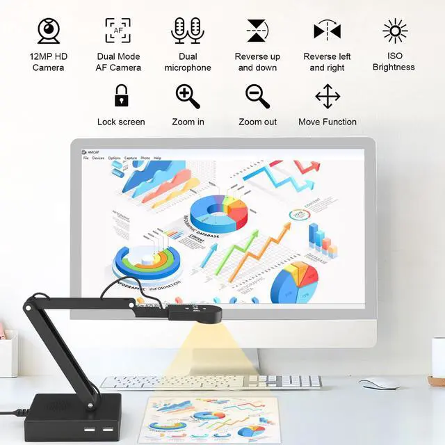 Alt view image 2 of 6 - Document Camera for Classroom, USB Camera for Teacher, 12MP & 9X Zoom-in, Move lmage, Mic and Speaker, Mirroring, LED Light, 2 Port HUB, for Remote Learning, Painting, Live Demo (with Remote)
