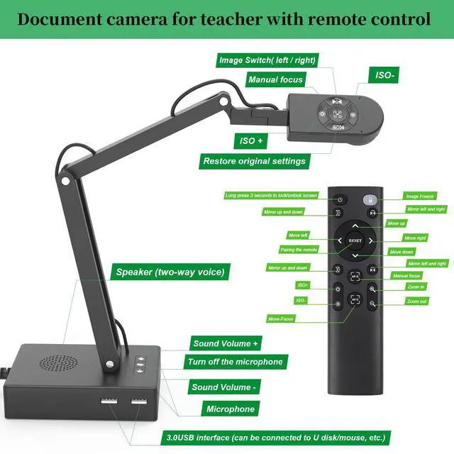 Alt view image 3 of 6 - Document Camera for Classroom, USB Camera for Teacher, 12MP & 9X Zoom-in, Move lmage, Mic and Speaker, Mirroring, LED Light, 2 Port HUB, for Remote Learning, Painting, Live Demo (with Remote)