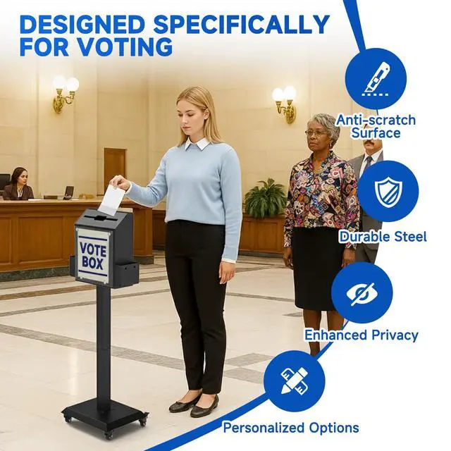 Alt view image 2 of 6 - Freestanding Ballot Box Collection with Silent Caster Wheels: Secure and Versatile for Office, Charity, and Events Includes Lock and Large Slot, Functions as Donation, Suggestion, and Offering Box