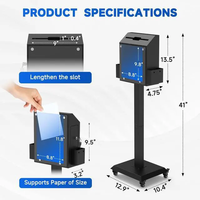Alt view image 3 of 6 - Freestanding Ballot Box Collection with Silent Caster Wheels: Secure and Versatile for Office, Charity, and Events Includes Lock and Large Slot, Functions as Donation, Suggestion, and Offering Box