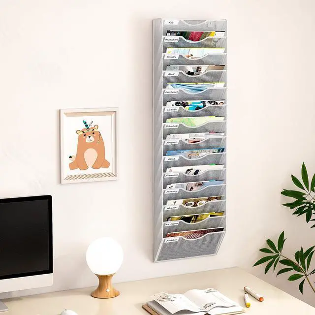 Alt view image 3 of 5 - 14 Pockets Hanging Wall File Organizer, Office Organization Wall Mount Mail Sorter Paper Holder Bill Organizer for Home, White