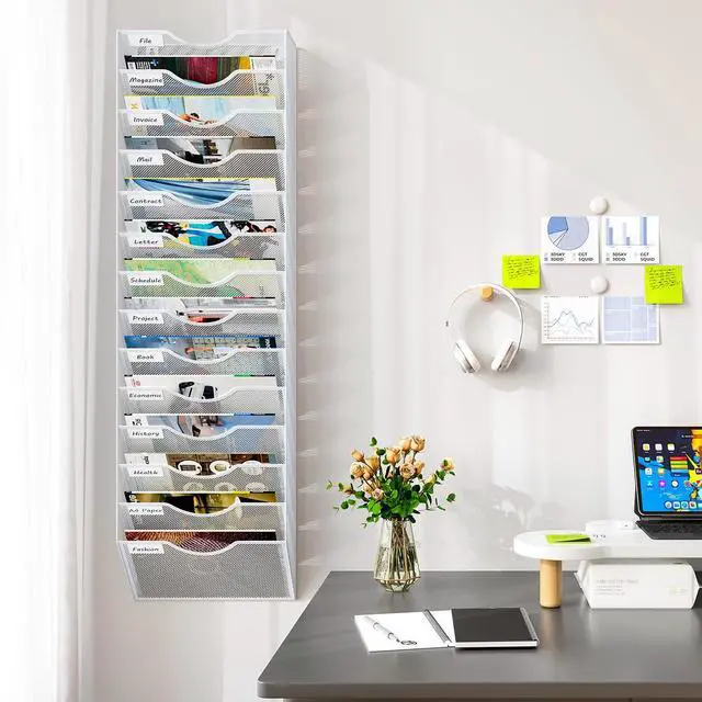 Alt view image 4 of 5 - 14 Pockets Hanging Wall File Organizer, Office Organization Wall Mount Mail Sorter Paper Holder Bill Organizer for Home, White