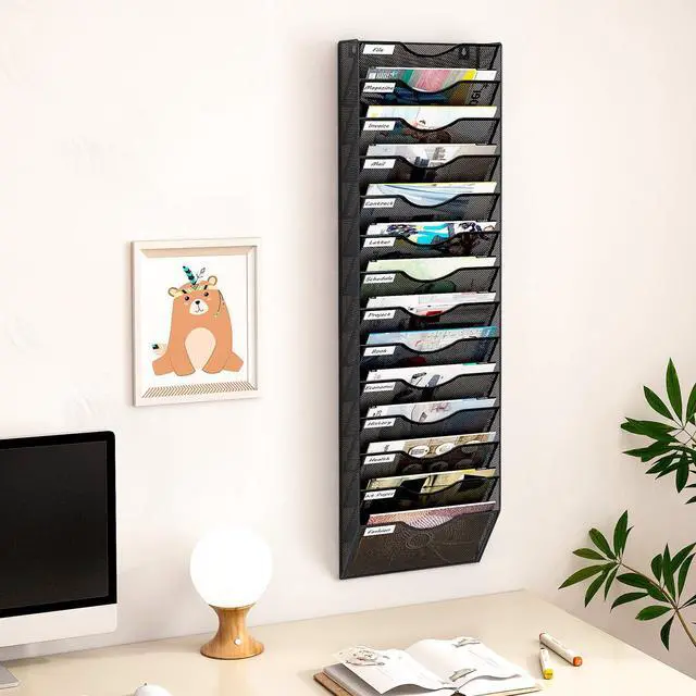 Alt view image 3 of 5 - 14 Pockets Hanging Wall File Organizer, Office Organization Wall Mount Mail Sorter Paper Holder Bill Organizer for Home, Black