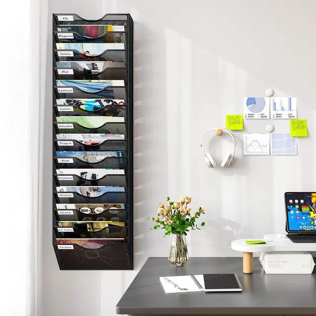 Alt view image 4 of 5 - 14 Pockets Hanging Wall File Organizer, Office Organization Wall Mount Mail Sorter Paper Holder Bill Organizer for Home, Black