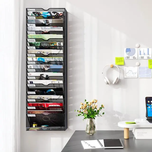 Alt view image 4 of 6 - Hanging Wall File Organizer,16-Tier Desk File Mail Holder, Paper Bill Organization For Office Home School, Black