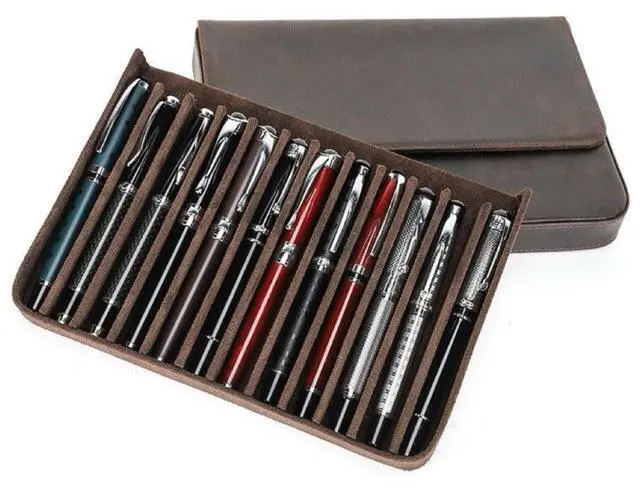 Main image of Leather Fountain Pen Case Collector Organizer, Pencil Case Handmade Pen Protective Sleeve (Magnetic 12 slots)