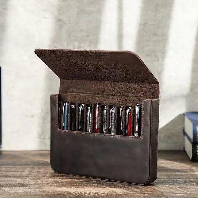 Alt view image 4 of 6 - Leather Fountain Pen Case Collector Organizer, Pencil Case Handmade Pen Protective Sleeve (Magnetic 12 slots)