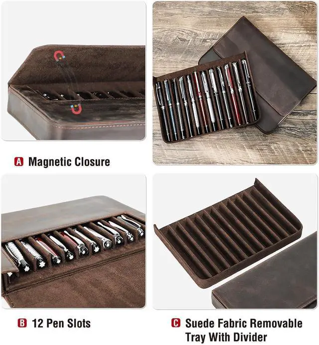 Alt view image 5 of 6 - Leather Fountain Pen Case Collector Organizer, Pencil Case Handmade Pen Protective Sleeve (Magnetic 12 slots)
