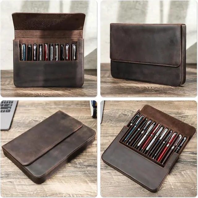 Alt view image 6 of 6 - Leather Fountain Pen Case Collector Organizer, Pencil Case Handmade Pen Protective Sleeve (Magnetic 12 slots)