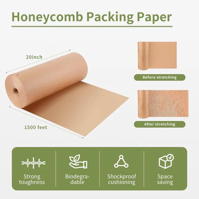 Alt view image 2 of 6 - Eco-Friendly Honeycomb Packing Paper - 20" x 1500' Extra Large Roll, 100% Recyclable Kraft Material, Ideal for E-Commerce, Moving, and Small Business Shipping