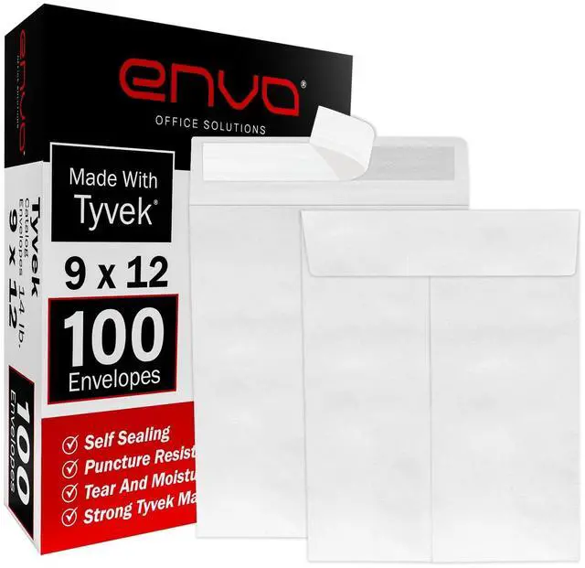 Main image of 9 x 12 Envelopes, Tyvek Envelopes 9x12, Catalog Envelopes 9x12, Self Sealing Closure, Tyvek Material, 14 lb., Puncture, Tear & Moisture Resistant (100 Pack)