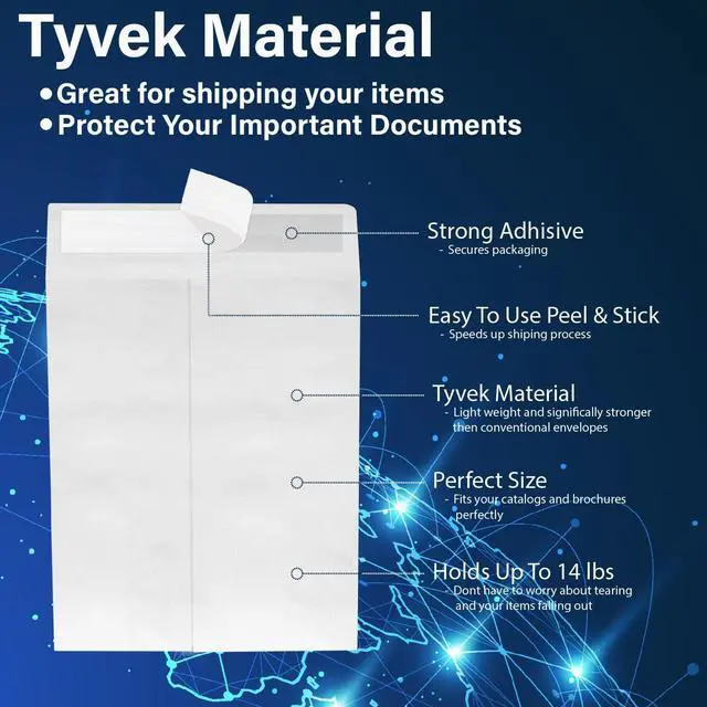 Alt view image 4 of 6 - 9 x 12 Envelopes, Tyvek Envelopes 9x12, Catalog Envelopes 9x12, Self Sealing Closure, Tyvek Material, 14 lb., Puncture, Tear & Moisture Resistant (100 Pack)
