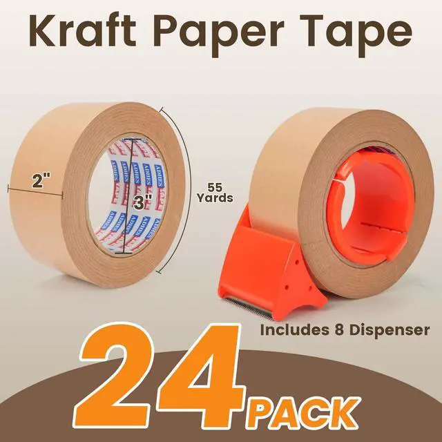 Alt view image 2 of 6 - ADHES Coated Kraft Packing Tape with Dispenser, 2 Inch x 55 Yards, Heavy Duty Water Resistant Kraft Paper Tape for Shipping, Moving, Packaging & Carton Sealing, 24 Rolls
