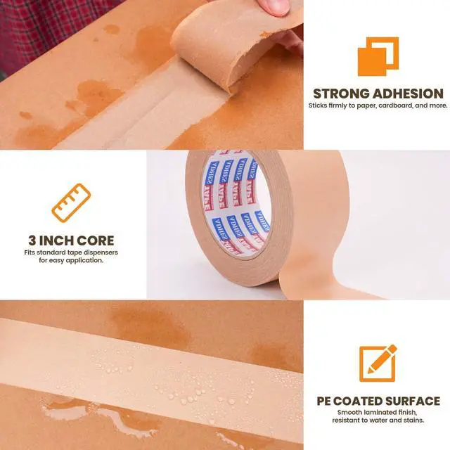 Alt view image 3 of 6 - ADHES Coated Kraft Packing Tape with Dispenser, 2 Inch x 55 Yards, Heavy Duty Water Resistant Kraft Paper Tape for Shipping, Moving, Packaging & Carton Sealing, 24 Rolls